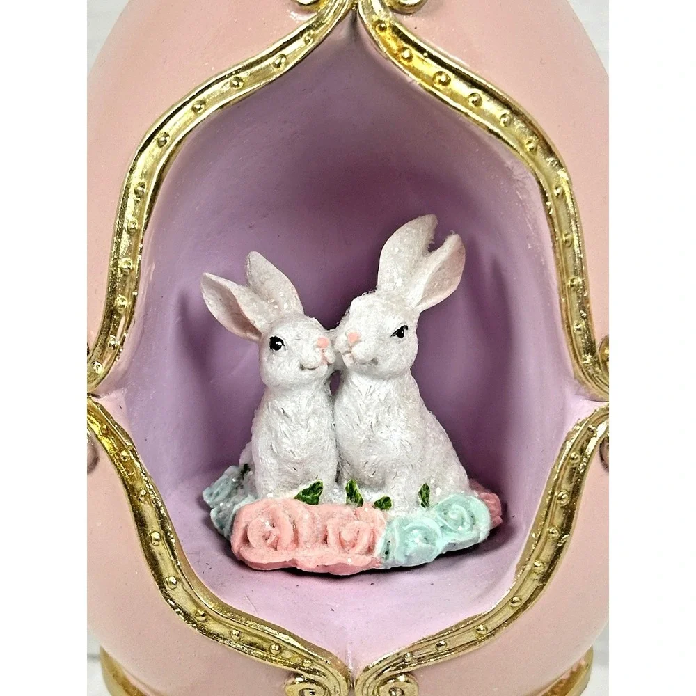 Easter Egg Bunny Figurine Pink Gold Pedestal Spring Easter Decor Two Rabbits